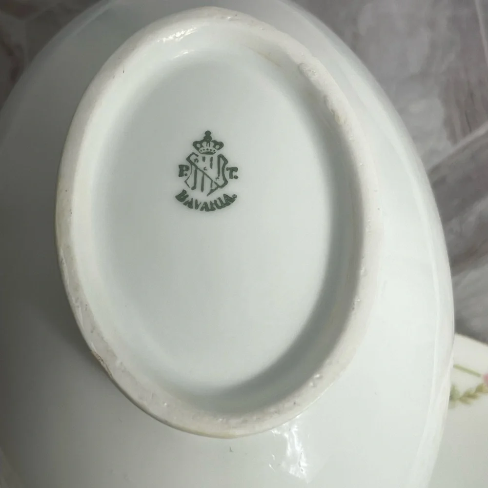 Bavaria Elegant White Delicate Pink Floral Green Garland Gravy Boat with Saucer